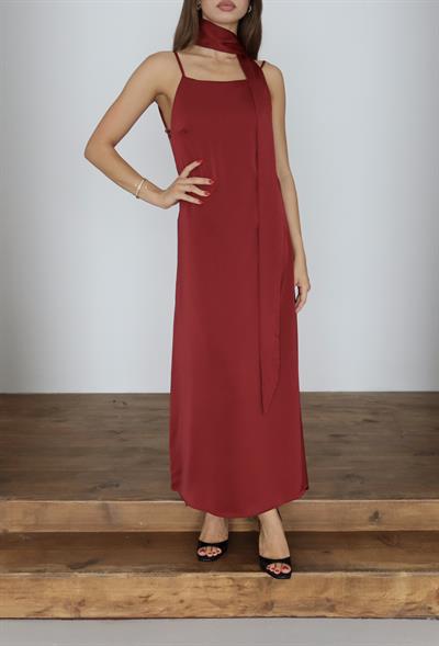 MAXİ BOY SATEN ELBİSE - BORDO