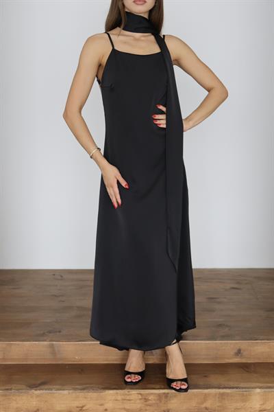 MAXİ BOY SATEN ELBİSE - SİYAH