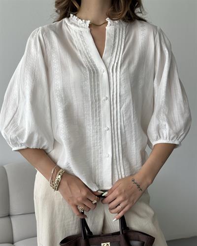 NERVÜR DETAYLI BALON KOL GÖMLEK - EKRU