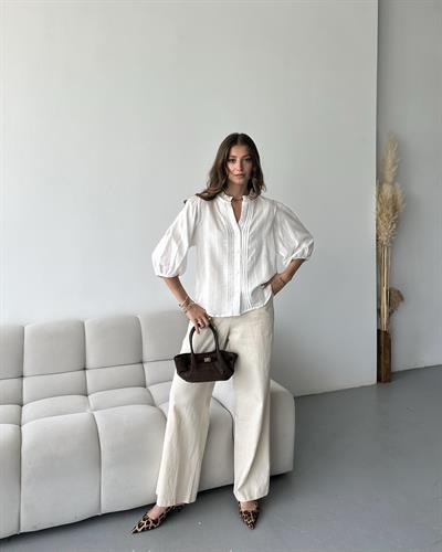 NERVÜR DETAYLI BALON KOL GÖMLEK - EKRU