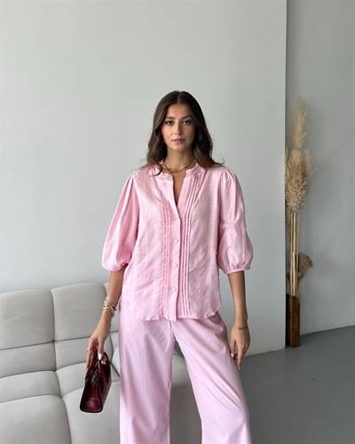 NERVÜR DETAYLI BALON KOL GÖMLEK - PEMBE