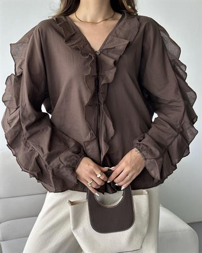 ÖNÜ FIRFIR DETAYLI GÖMLEK - KAHVE