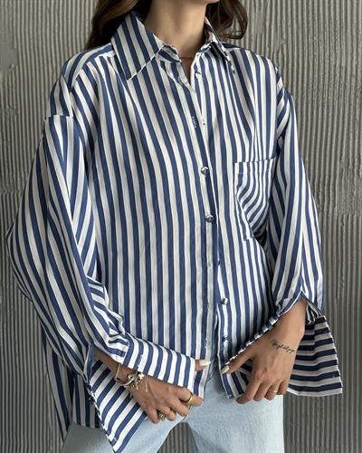 OVERSİZE ÇİZGİLİ GÖMLEK - SAKS 