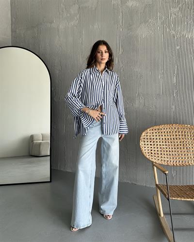 OVERSİZE ÇİZGİLİ GÖMLEK - SAKS 