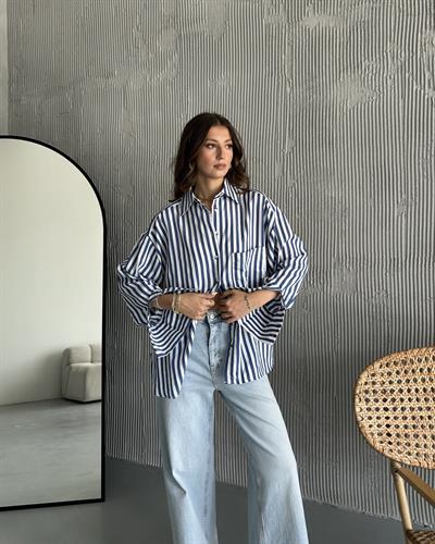 OVERSİZE ÇİZGİLİ GÖMLEK - SAKS 