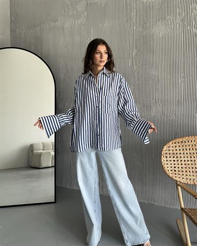 OVERSİZE ÇİZGİLİ GÖMLEK - SAKS 