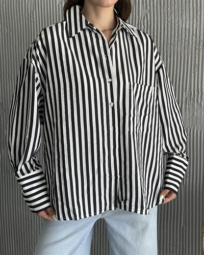 OVERSİZE ÇİZGİLİ GÖMLEK - SİYAH