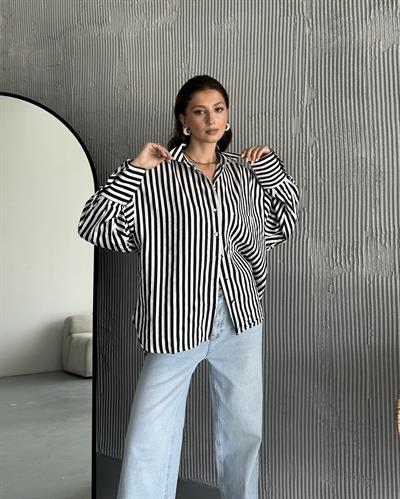 OVERSİZE ÇİZGİLİ GÖMLEK - SİYAH