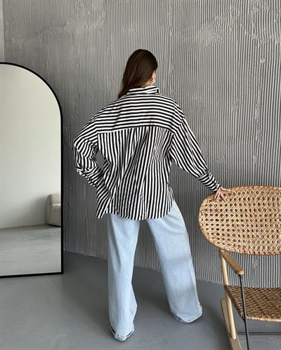 OVERSİZE ÇİZGİLİ GÖMLEK - SİYAH