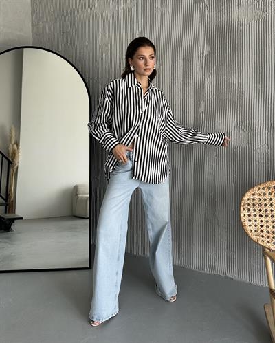 OVERSİZE ÇİZGİLİ GÖMLEK - SİYAH