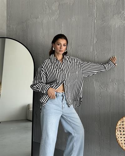 OVERSİZE ÇİZGİLİ GÖMLEK - SİYAH