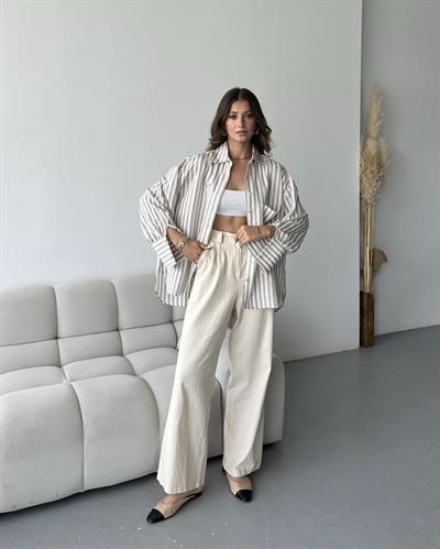 OVERSİZE ÇİZGİLİ GÖMLEK - VİZON 