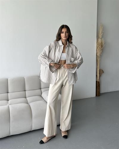 OVERSİZE ÇİZGİLİ GÖMLEK - VİZON 