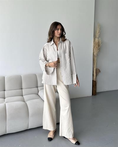 OVERSİZE ÇİZGİLİ GÖMLEK - VİZON 