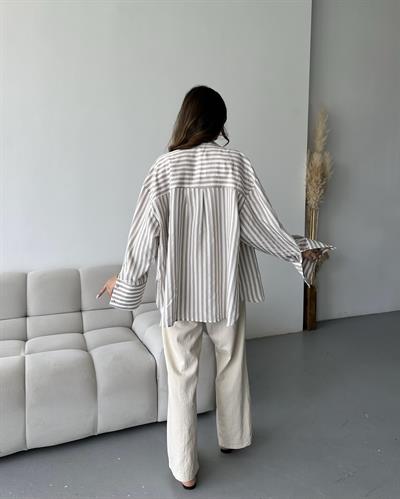 OVERSİZE ÇİZGİLİ GÖMLEK - VİZON 