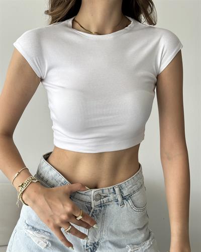 PAMUK VE MODAL KARIŞIMLI CROP TOP - BEYAZ