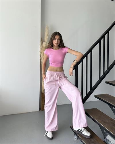 PAMUK VE MODAL KARIŞIMLI CROP TOP - PEMBE