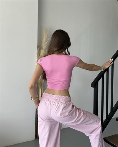 PAMUK VE MODAL KARIŞIMLI CROP TOP - PEMBE