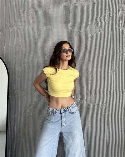 PAMUK VE MODAL KARIŞIMLI CROP TOP - SARI