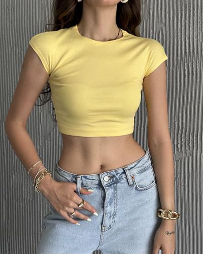 PAMUK VE MODAL KARIŞIMLI CROP TOP - SARI