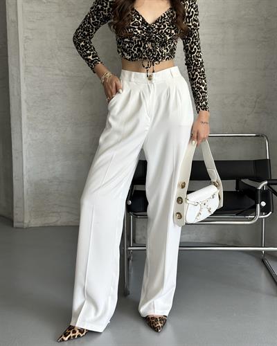 PİLELİ PALAZZO PANTOLON - BEYAZ