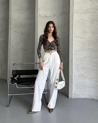 PİLELİ PALAZZO PANTOLON - BEYAZ