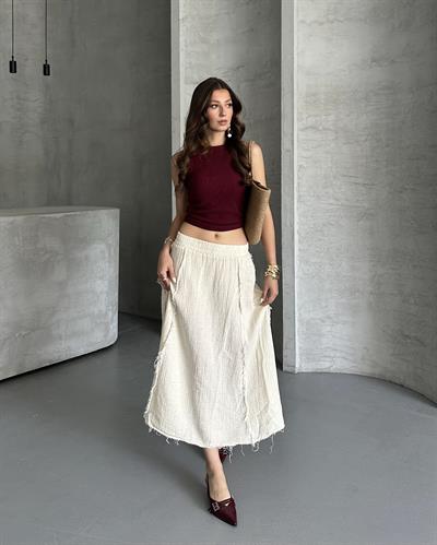 TERS DİKİŞ DETAYLI UZUN ETEK - BEJ 