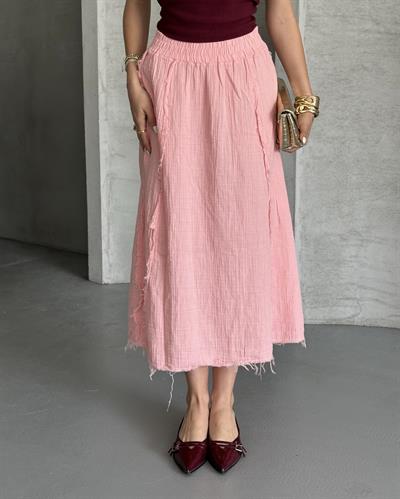 TERS DİKİŞ DETAYLI UZUN ETEK - PEMBE