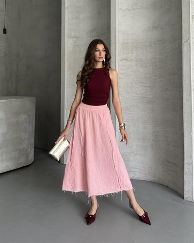 TERS DİKİŞ DETAYLI UZUN ETEK - PEMBE