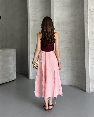 TERS DİKİŞ DETAYLI UZUN ETEK - PEMBE
