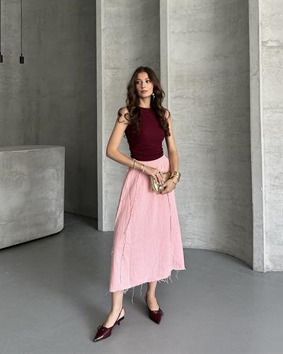 TERS DİKİŞ DETAYLI UZUN ETEK - PEMBE