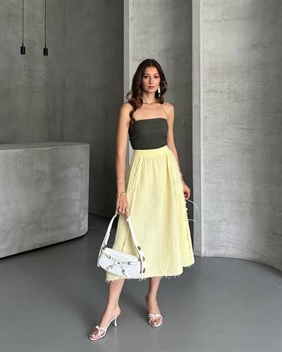 TERS DİKİŞ DETAYLI UZUN ETEK - SARI