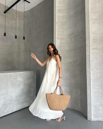 UZUN ASKILI ELBİSE - BEYAZ