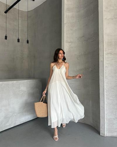 UZUN ASKILI ELBİSE - BEYAZ