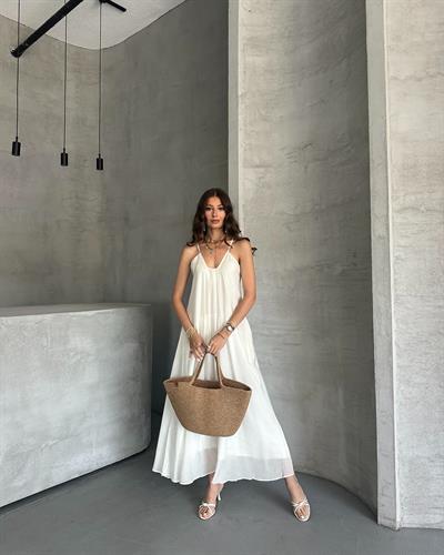 UZUN ASKILI ELBİSE - BEYAZ