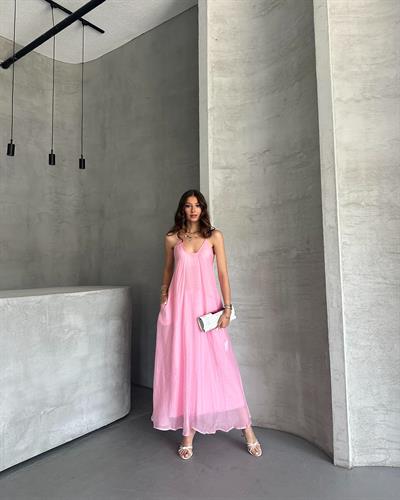 UZUN ASKILI ELBİSE - PEMBE