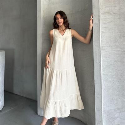 UZUN MÜSLİM ELBİSE - BEJ 