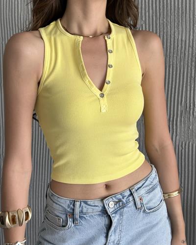 YIKAMA EFEKTLİ CROP TOP - SARI