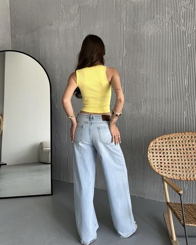 YIKAMA EFEKTLİ CROP TOP - SARI