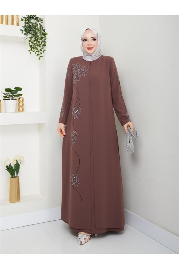 Büyük Beden Lale Taşlı Anne Elbisesi -sütlü Kahverengi En7008