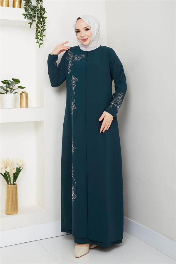 Büyük Beden Yaprak Taşlı Anne Elbisesi En7008