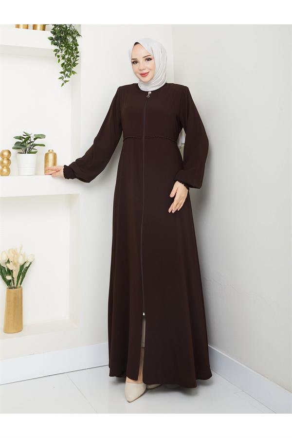 Gündelik Hac Ve Umrelik Mevlana Ortası Işlemeli Ferace -Kahverengi