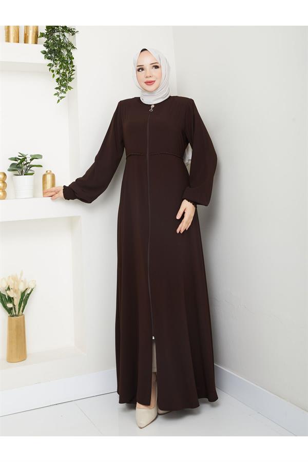 Gündelik Hac Ve Umrelik Mevlana Ortası Işlemeli Ferace -Kahverengi