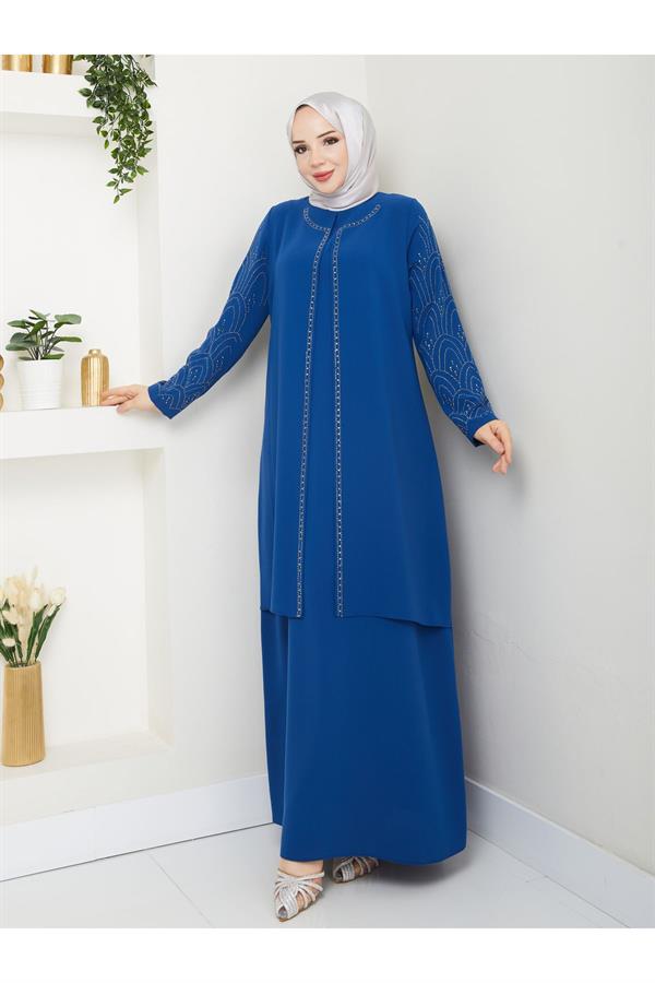 Kolları Taşlı Büyük Beden Anne Elbisesi