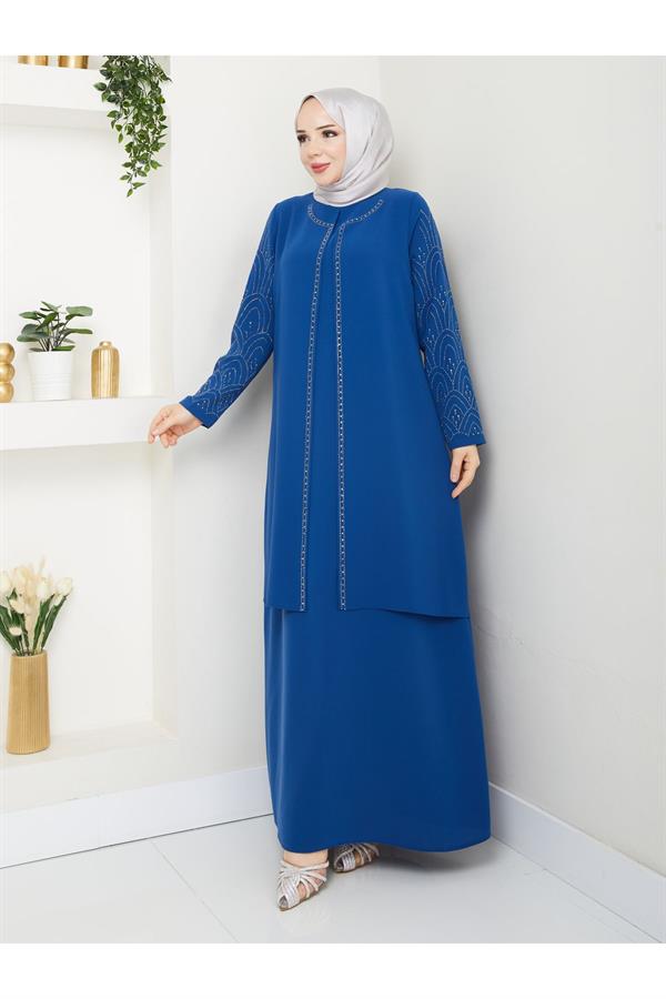 Kolları Taşlı Büyük Beden Anne Elbisesi