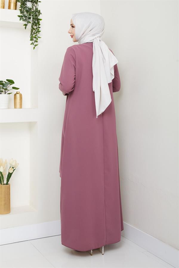 Serpme Taşlı Büyük Beden Anne Elbisesi -pembe