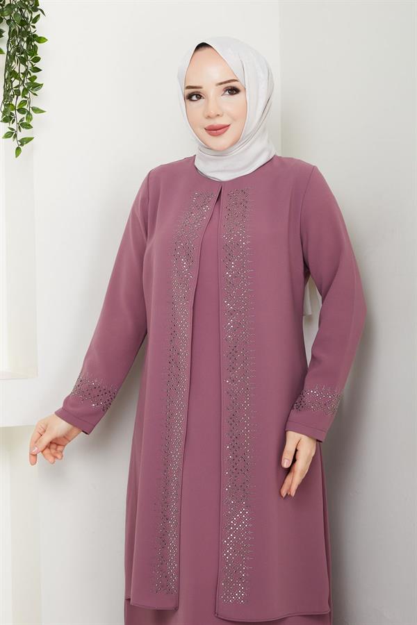 Serpme Taşlı Büyük Beden Anne Elbisesi -pembe