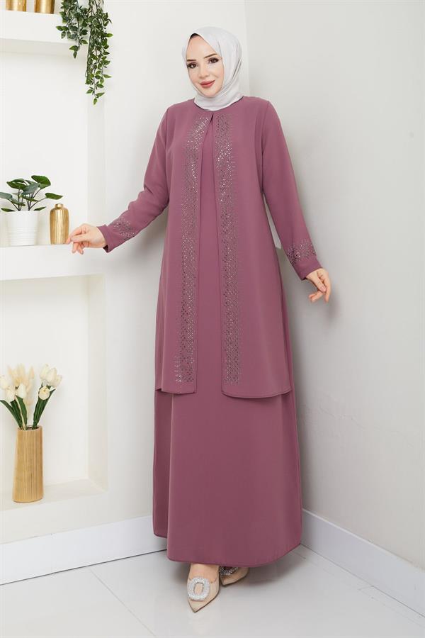 Serpme Taşlı Büyük Beden Anne Elbisesi -pembe