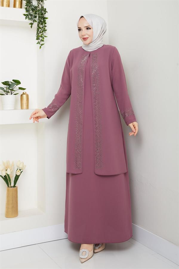 Serpme Taşlı Büyük Beden Anne Elbisesi -pembe