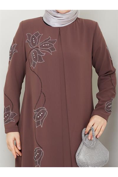 Büyük Beden Lale Taşlı Anne Elbisesi -sütlü Kahverengi En7008